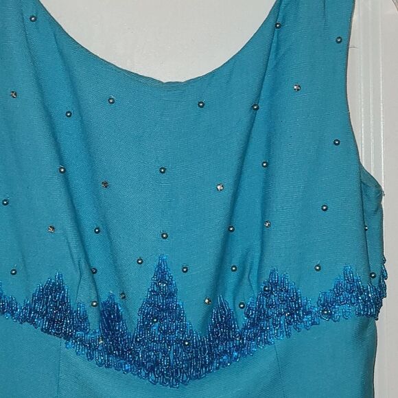Vintage Teal R&K Originals Beaded Sheath Dress - Picture 9 of 11